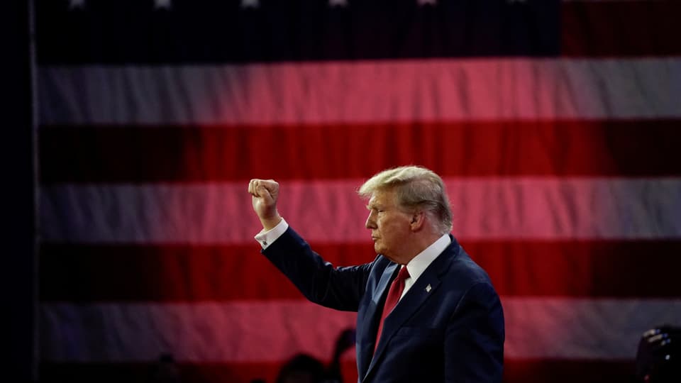 Donald Trump hält vor riesiger US-Fahne Faust in die Luft.