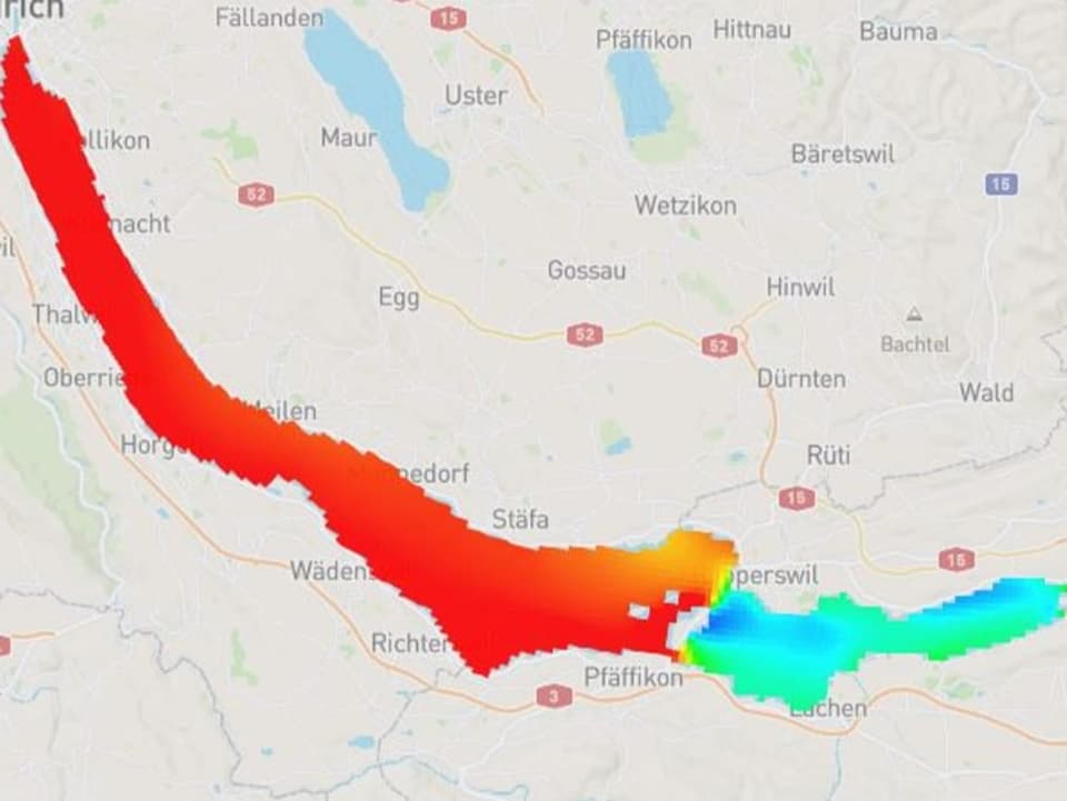 Zürichsee: Prognose der Oberflächentemperatur 6. Juli 18 Uhr Karte mit Zürichsee, der je nach Wassertemperatur blau bis orange eingefärbt ist.
