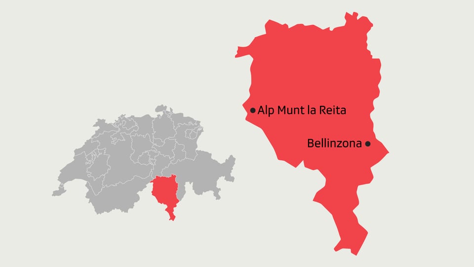 Kartenausschnitt auf dem die Alp Munt la Reita sowie Bellinzona eingezeichnet sind.