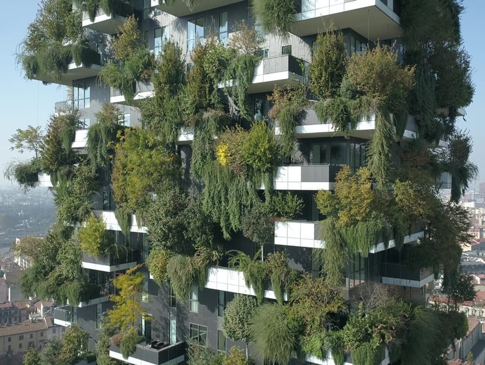 Hochhaus, aus dem zahlreiche Pflanzen ragen