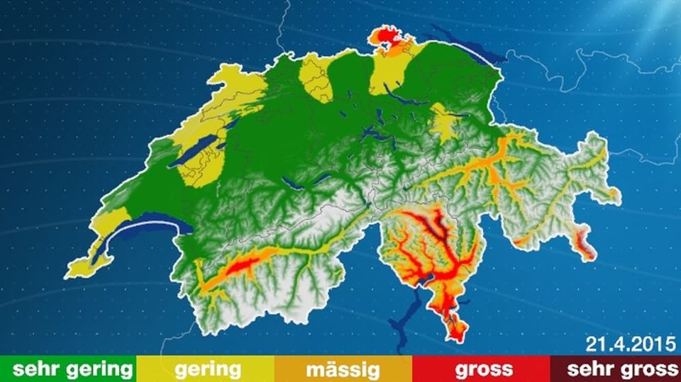Im Bild sind in roter Farbe Gebiete im Wallis, Tessin und im Unterengadin mit grosser Waldbrandgefahr signalisiert.