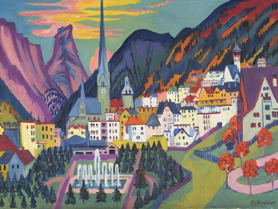 Gemälde von Ernst Ludwig Kirchner, das eine dörfliche Kulisse vor bergiger Landschaft zeigt.