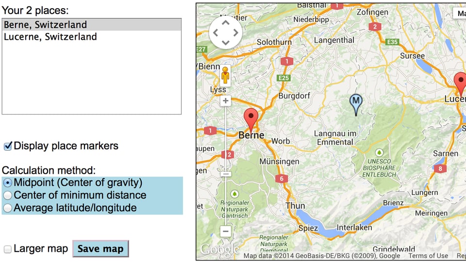 Ein Kartenausschnitt mit dem berechneten Resultat von GeoMidPoint