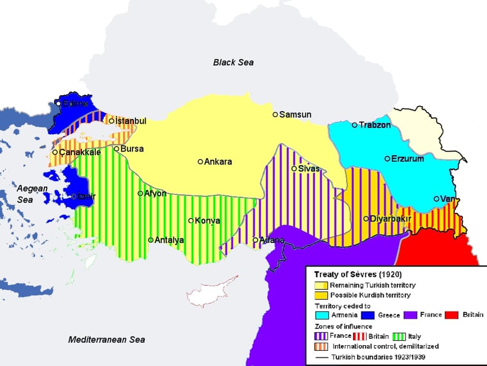 Historische Karte der Türkei. Man sieht verschiedenfarbige Bereiche, die die Karte einteilen.