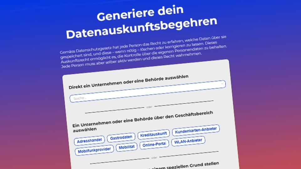 Ein Screenshot der Webseite der Digitalen Gesellschaft Schweiz, mit dem Online-Generator für Datenauskunftsbegehren