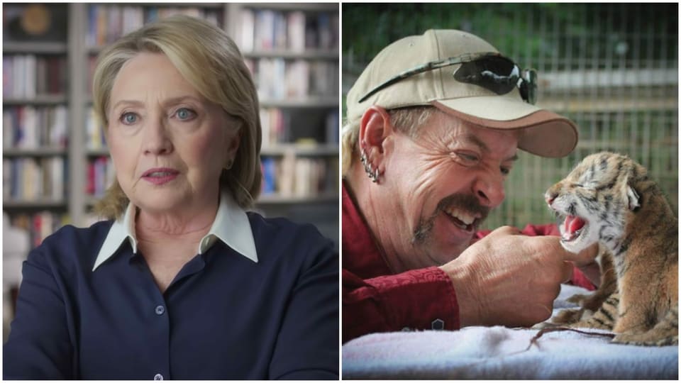 Link: Hillary Clinton in der Sky-Doku «Hillary» . Rechts: Zoobesitzer Joe Exotic in der Netflix-Doku «Tiger King».