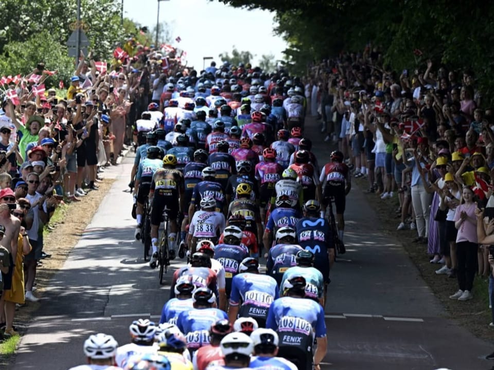 Die Fahrer der Tour de France auf einer Strasse, die mit Zuschauern gesäumt ist.