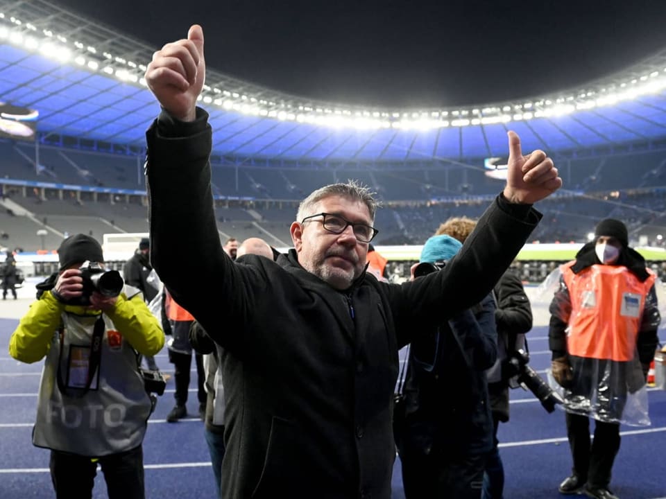 Dahin wollen er und die Union zurück Urs Fischer im Berliner Olympiastadion nach dem 4:1-Sieg in der Bundesliga gegen die Hertha am 9. April.