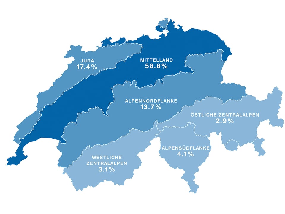 Schweizerkarte mit blau eingefärbten Gebieten