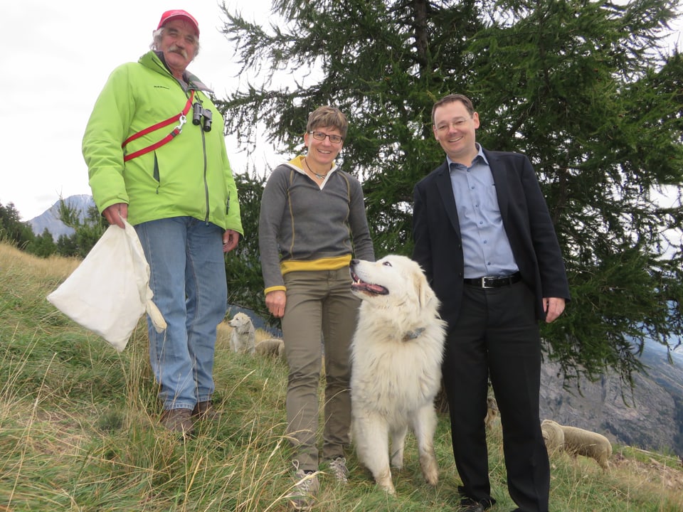 Walter Hildbrand, Brigitte Wolf und Franz Ruppen mit einem Herdenschutzhund.