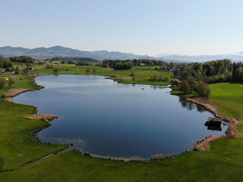 Luftaufnahme eines ruhigen Sees umgeben von grünen Wiesen und Hügellandschaft.