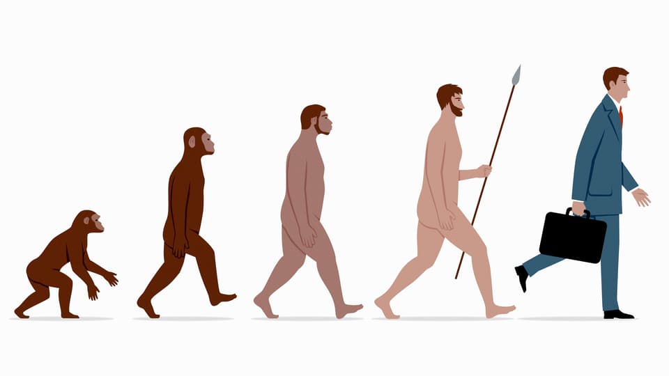 Evolution: Fünf Menschheits-Typen, vom Neanderthaler zum Anzugsträger.