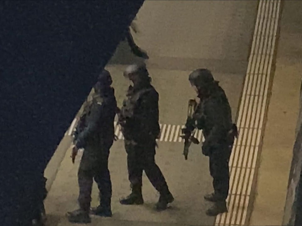 Polizisten stehen mit Maschinenpistolen bewaffnet auf einem Perron am Bahnhof Stadelhofen.