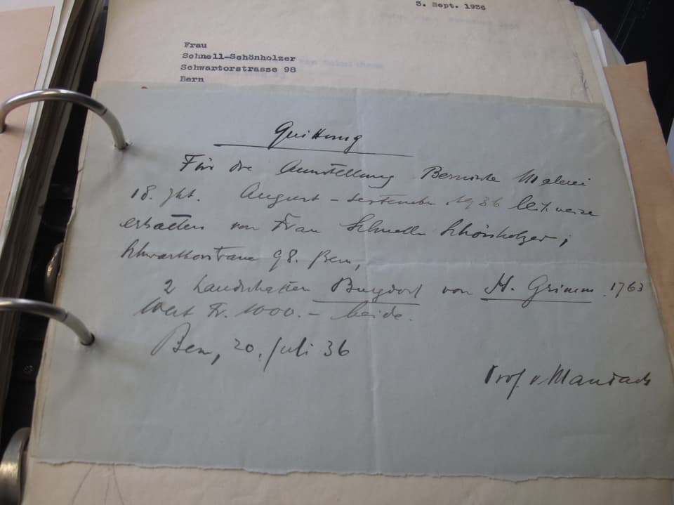 Rechnung für eine Leihgabe: Akten im Archiv des Kunstmuseums Bern