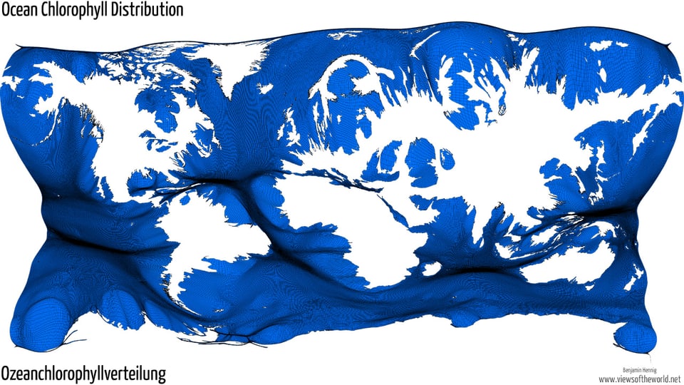 Die Weltkarte zeigt die Verteilung von Chlorophyll in den Ozeanen.