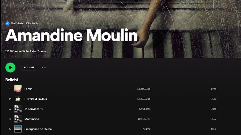 Screenshot der Spotify-Künstlerinnenseite von Amandine Moulin 