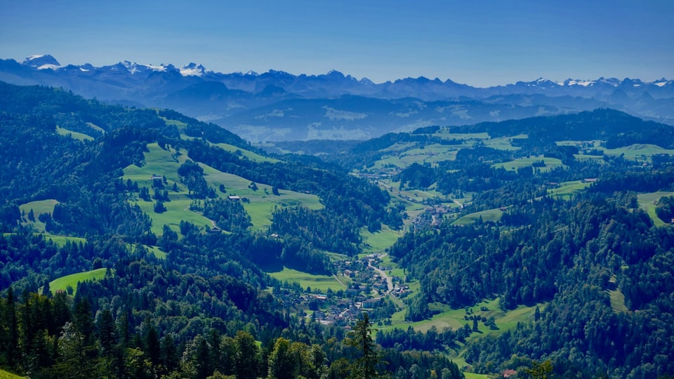Blick von Hörnli ins oberste Tösstal, dahinter die Glarner Alpen.