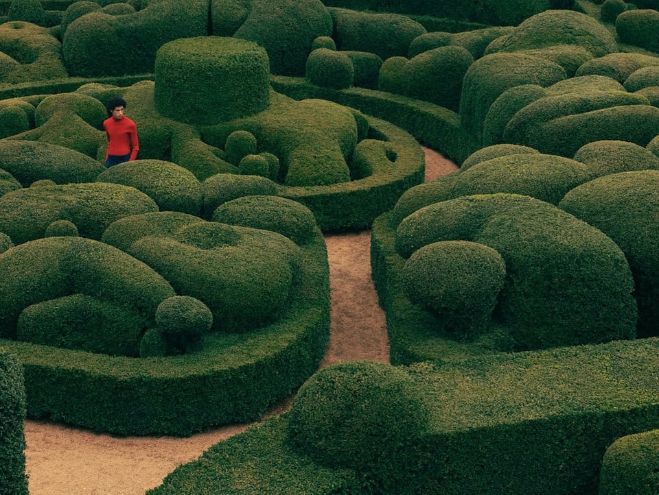Ein labyrinthisch angelegter Garten mit geschwungenem Gebüsch und verschlungenen Wegen.