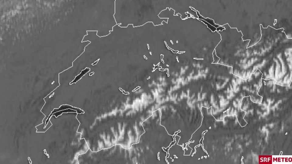Mit einer Linie sind die Grenzen der Schweiz zu sehen. Schwarz lassen sich Genfer-, Neuenburger und Bodensee erkennen. Sonst ist die meiste Schweiz grau, was für wolkenlos steht.