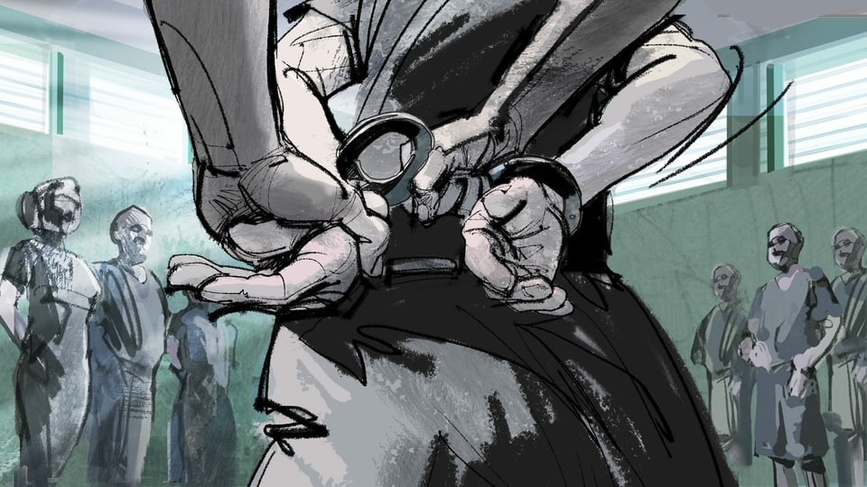 Illustration: Einem Menschen werden Handschellen angelegt
