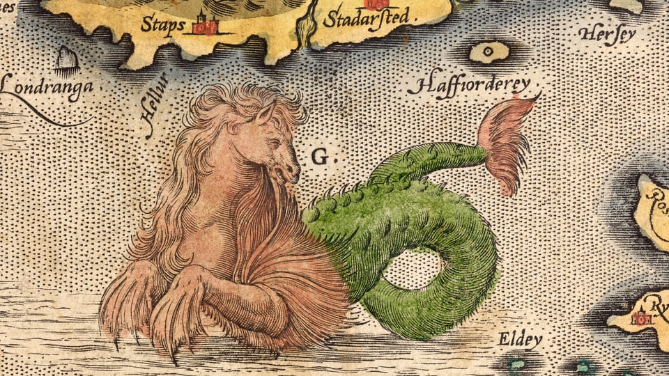 Eine Karte, auf der ein Ungeheuer mit Pferdekopf und Fischschwanz zu sehen ist.