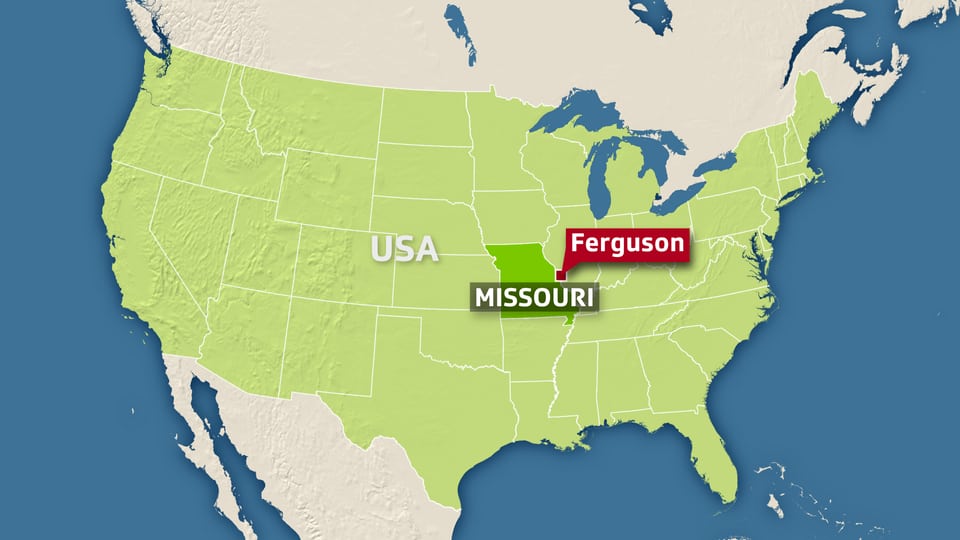 Kartenausschnitt USA, Ferguson ist eingezeichnet. 