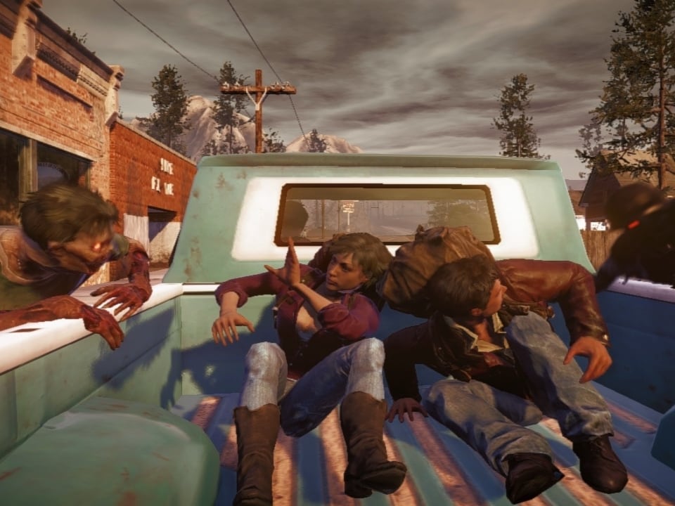 Zombies greifen zwei Leute auf der Ladefläche eines Pickup-Trucks an.