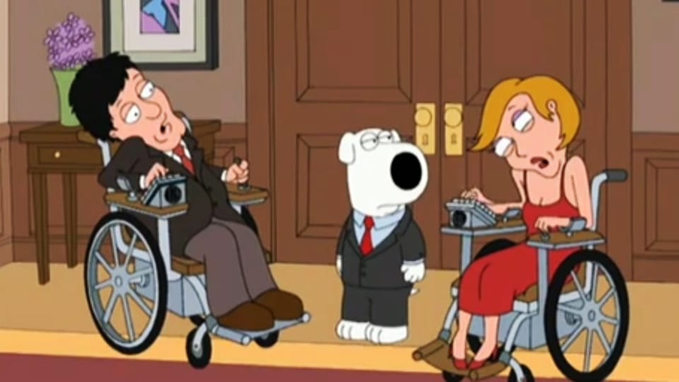 Zwei Comicfiguren sitzen im Rollstuhl. Zwischen ihnen sitzt ein Hund.