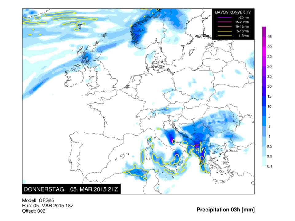 Das Bild zeigt eine Europakarte mit den erwarteten Niederschläge der kommenden drei Stunden. Augenfällig ist ein Niederschlagshotspot an der Italienischen Adriaküste.