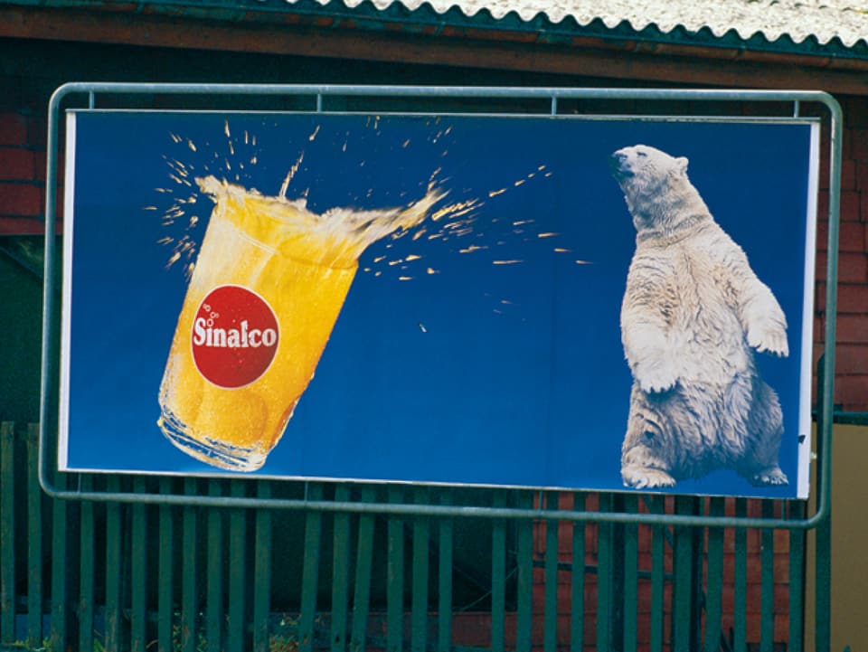 Sinalco-Glas und Bär auf Werbeplakat.