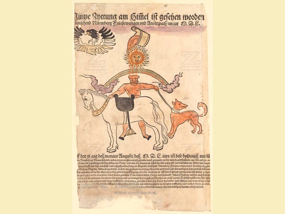 Mittelalterliches Flugblatt mit bunter Illustration