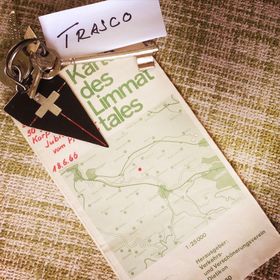 Karte des Limmattales und der Name Trasco steht auf einem Zettel.