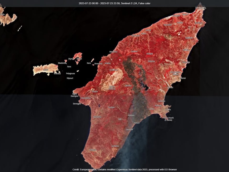 Satellitenbild von Rhodos nach dem Waldbrand