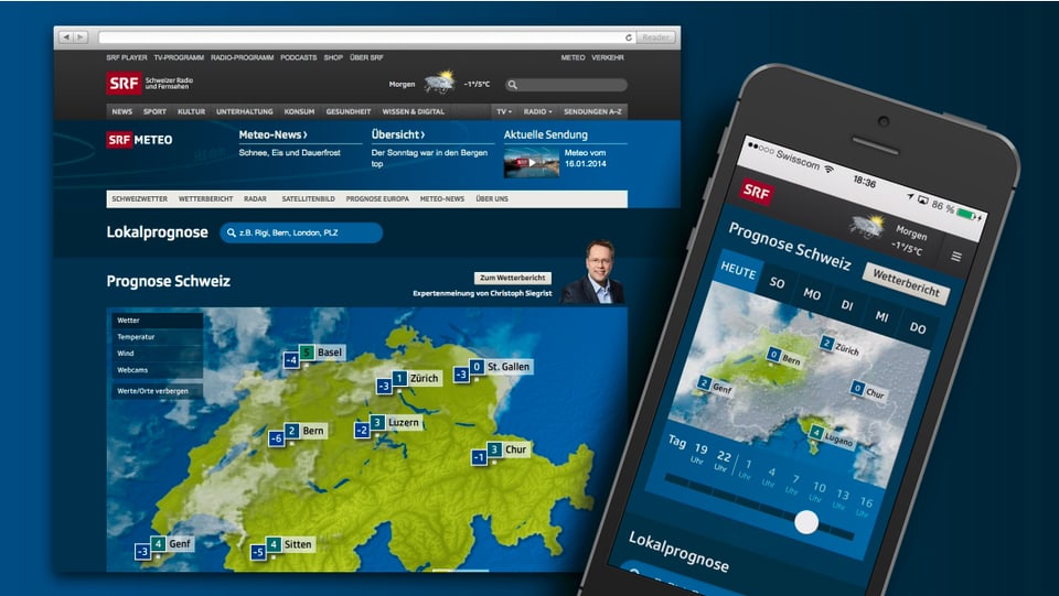 Die Bildschirme auf Desktop und Mobile mit geöffnetem Web-Auftritt von SRF Meteo.