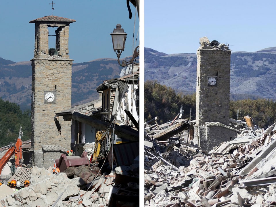 Doppeltes Bild des Glockenturms von Amatrice nach den Beben von August und Oktober 2016.