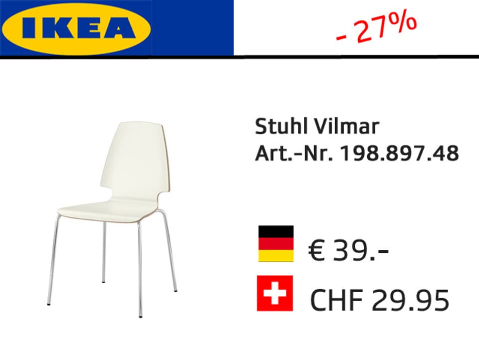 Ikea-Grafik mit Preisvergleich Deutschland-Schweiz: Stuhl Vilmar.