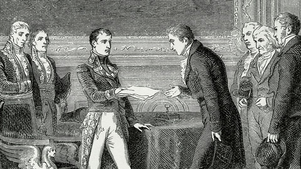 Schwarz-Weiss Bild von Männern aus dem 19. Jahrhundert, die ein Dokument austauschen