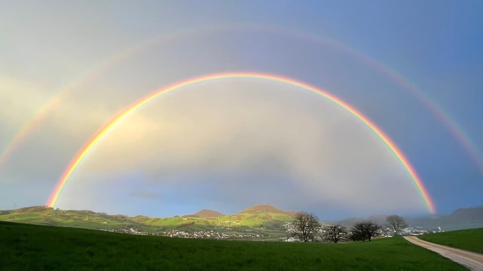 Blick über grüne Wiese auf Regenbogen mit Doppelbogen am dunklen Himmel. 