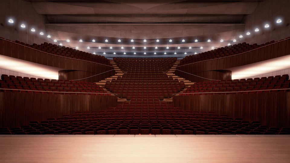Blick von der Bühne in den leeren Zuschauerraum.