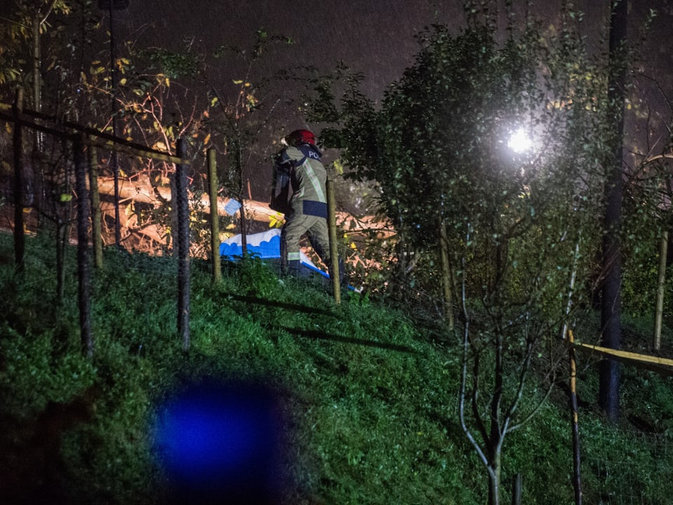 Ein Rettungsarbeiter ist an einem umgestürzten Baum zugange, der von einem Scheinwerfer beleuchtet ist