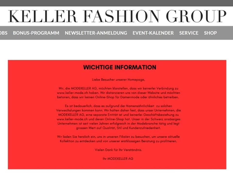 Webshop des echten Modekeller aus Zürich. Es wird vor dem dubiosen Onlineshop Keller Mode Zürich gewarnt. 
