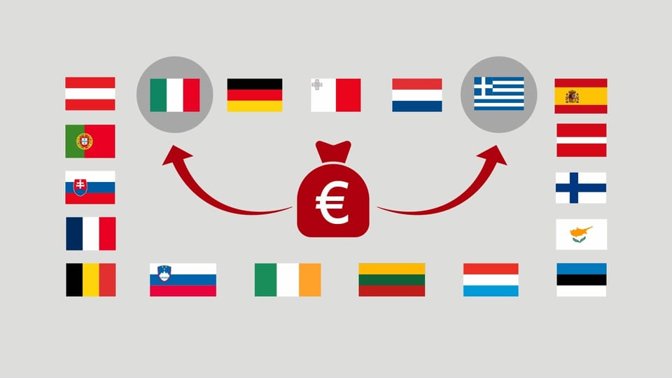 Flaggen der 19 Euro-Länder, erklärende Grafik.