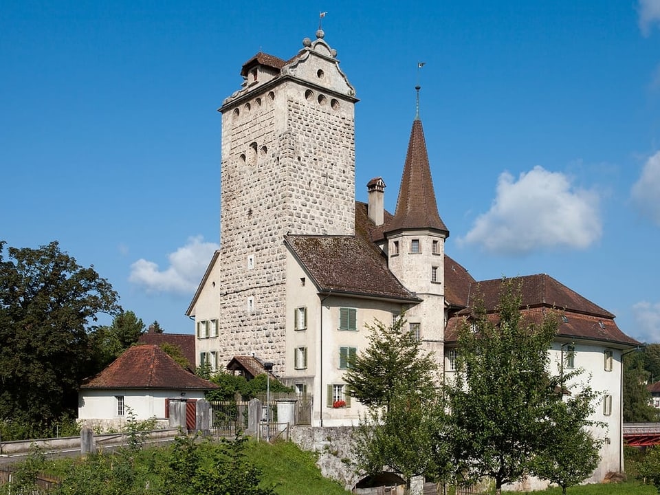 Ein Schloss mit einem markanten Turm.
