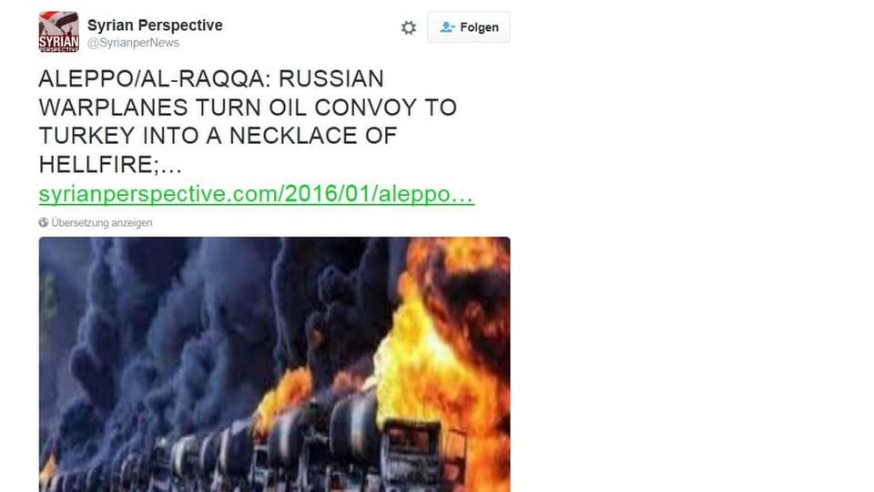 Tweet mit brennenden Tanklastwagen