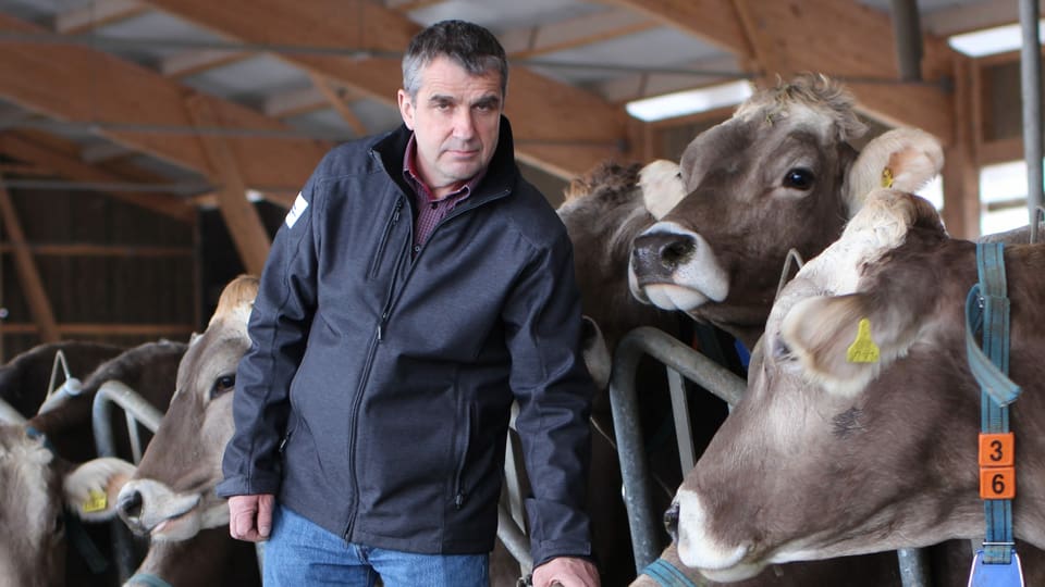 Der Toggenburger Bio-Milchproduzent steht vor seinen Kühen im Stall.