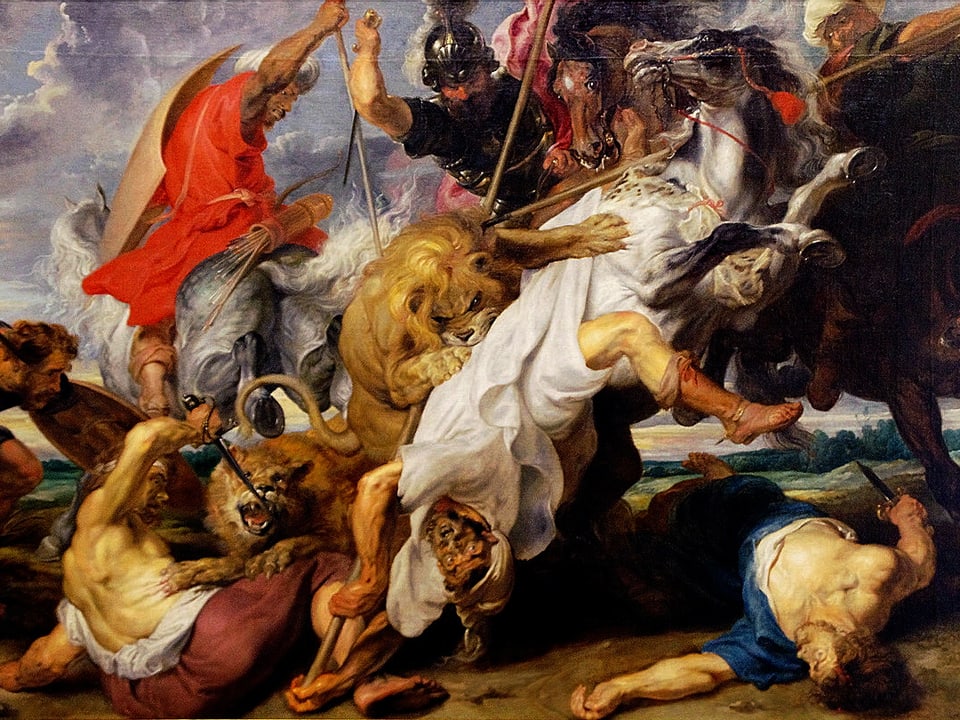 Bild von Löwen, die Reiter angreifen. 