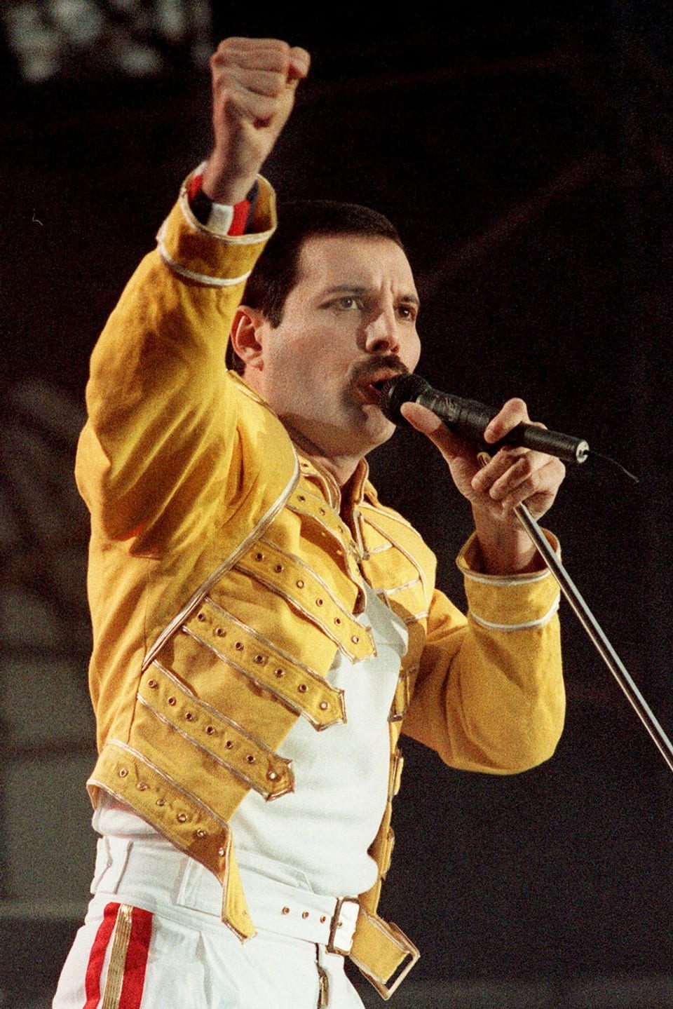 Freddy Mercury singt mit der in die Luft gestreckten Faust ins Mikrofon.