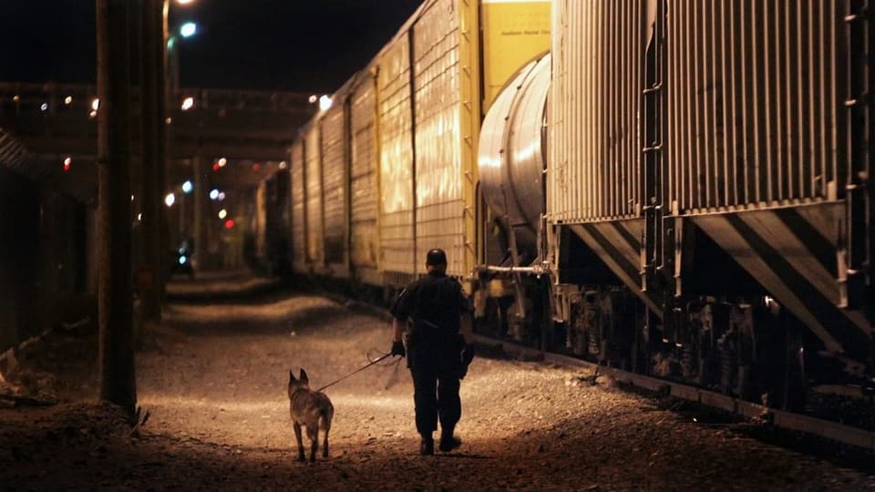 Ein Polizist mit einem Hund geht neben einem Zug.