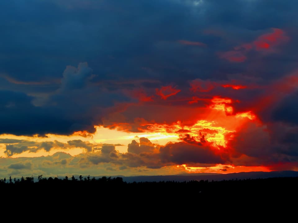 Am unteren Bildrand liegt die Silhoutte eines Waldes. Ein Loch in der Wolkendecke lässt Strahlen der untergehenden Sonne durch. Die Wolken strahlen graublau, rot, orange und gelb.