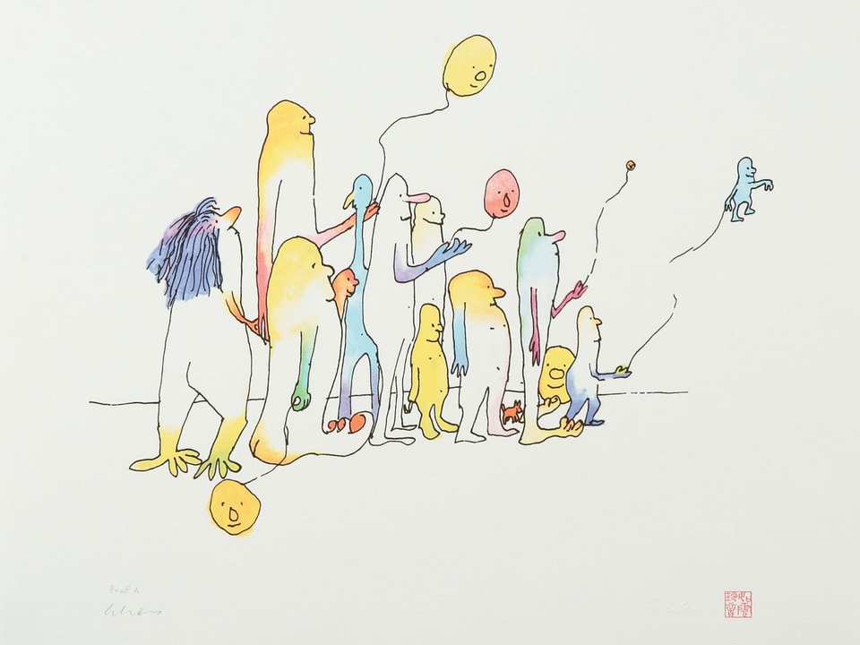 John Lennons Zeichnung «Come Together», publiziert in seinem Buch «In His Own Write», zeigt skizzenhaft eine farbenfrohe Gruppe von Menschen, die Ballone in Form lachender Köpfe oder Figuren steigen lassen.